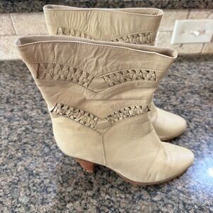 Vintage‎ Made in Brazil Beige Leather Woven Chevron Mid Calf Boots 7B